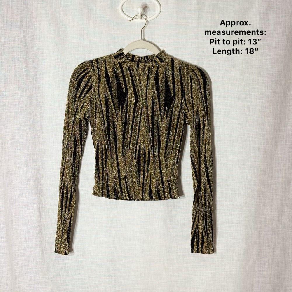 Gold Black‎ Metallic Zebra Stripe Crop Top Mock Neck Long Sleeve Party S